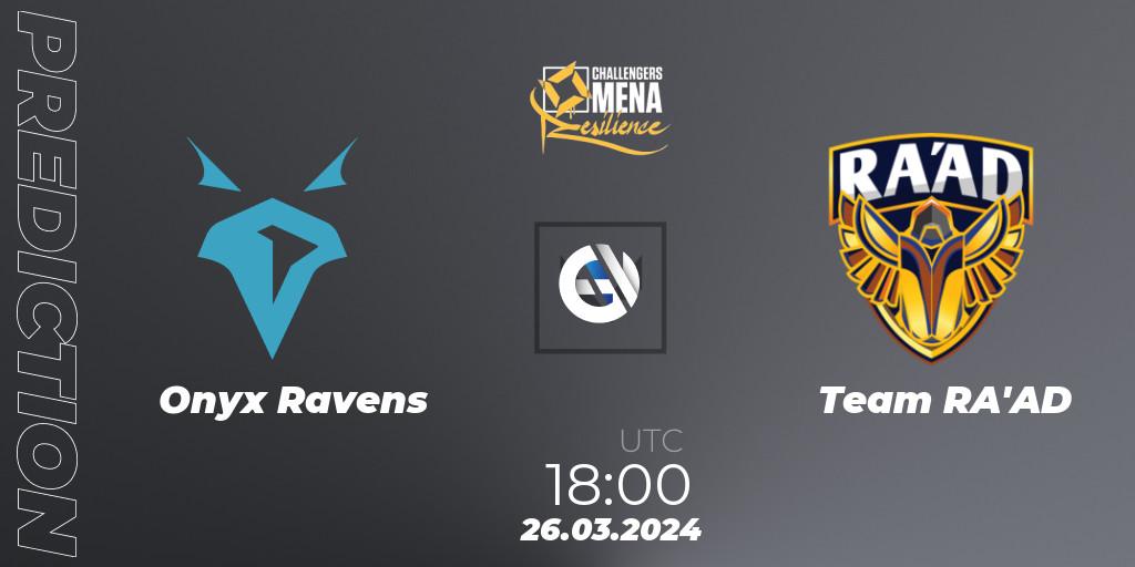 Onyx Ravens contre Team RA'AD : prédiction de match. 26.03.2024 at 20:00. VALORANT, VALORANT Challengers 2024 MENA: Resilience Split 1 - Levant and North Africa