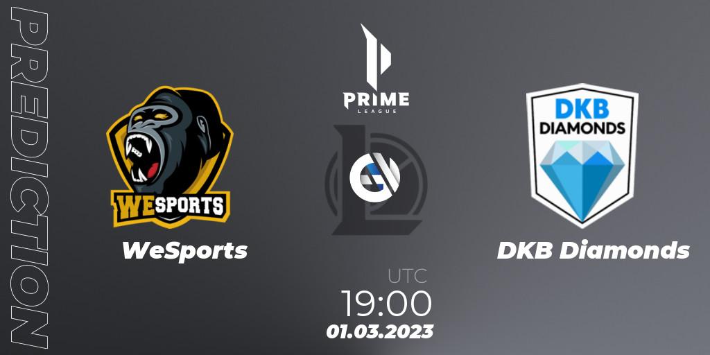 WeSports contre DKB Diamonds : prédiction de match. 01.03.2023 at 19:00. LoL, Prime League 2nd Division Spring 2023 - Group Stage