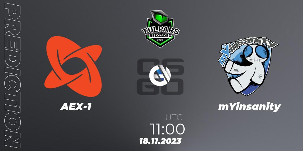 AEX-1 contre mYinsanity : prédiction de match. 18.11.2023 at 11:00. Counter-Strike (CS2), Monsters Reloaded 2023: German Qualifier