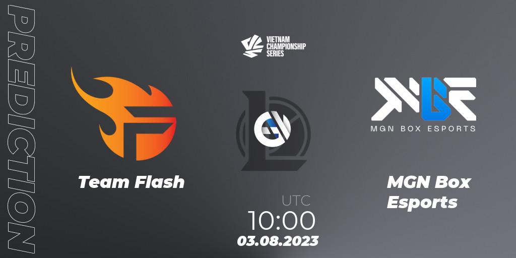 Team Flash contre MGN Box Esports : prédiction de match. 05.08.2023 at 10:00. LoL, VCS Dusk 2023