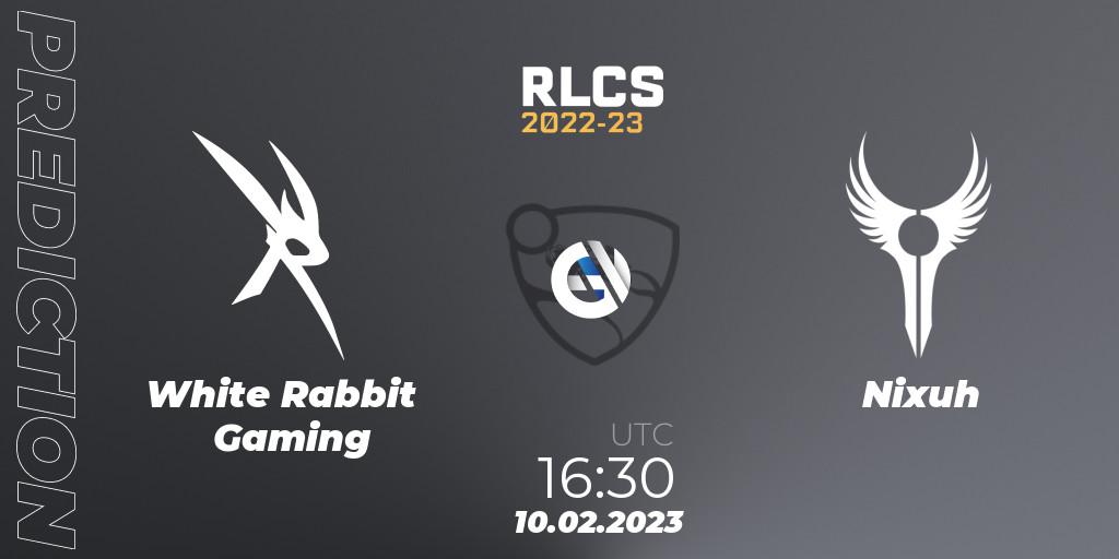 White Rabbit Gaming contre Nixuh : prédiction de match. 10.02.2023 at 16:30. Rocket League, RLCS 2022-23 - Winter: Sub-Saharan Africa Regional 2 - Winter Cup