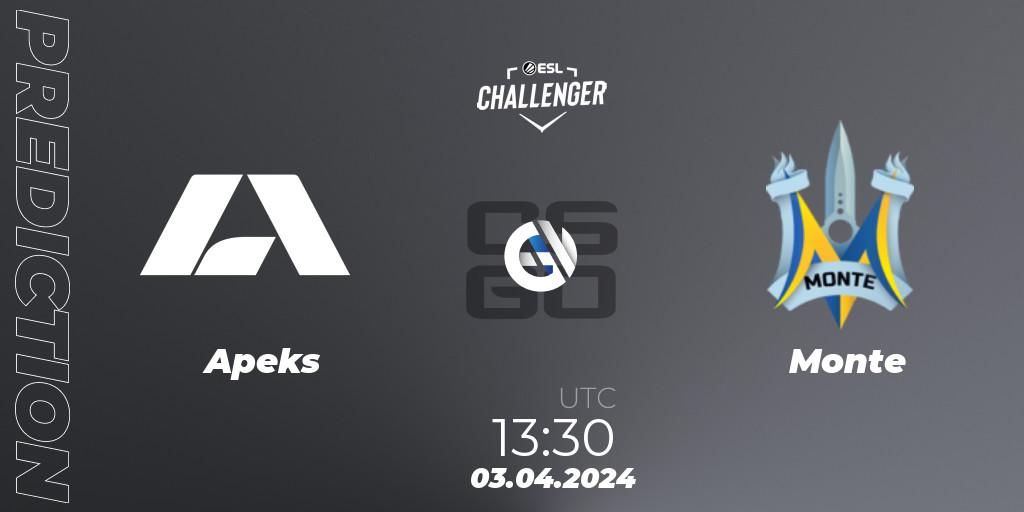 Apeks contre Monte : prédiction de match. 03.04.24. CS2 (CS:GO), ESL Challenger #57: European Closed Qualifier