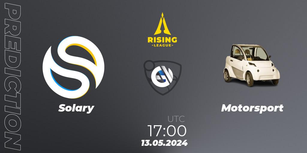 Solary contre Motorsport : prédiction de match. 13.05.2024 at 17:00. Rocket League, Rising League 2024 — Split 1 — Main Event