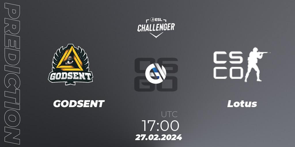 GODSENT contre Lotus : prédiction de match. 27.02.2024 at 17:00. Counter-Strike (CS2), ESL Challenger #56: European Open Qualifier