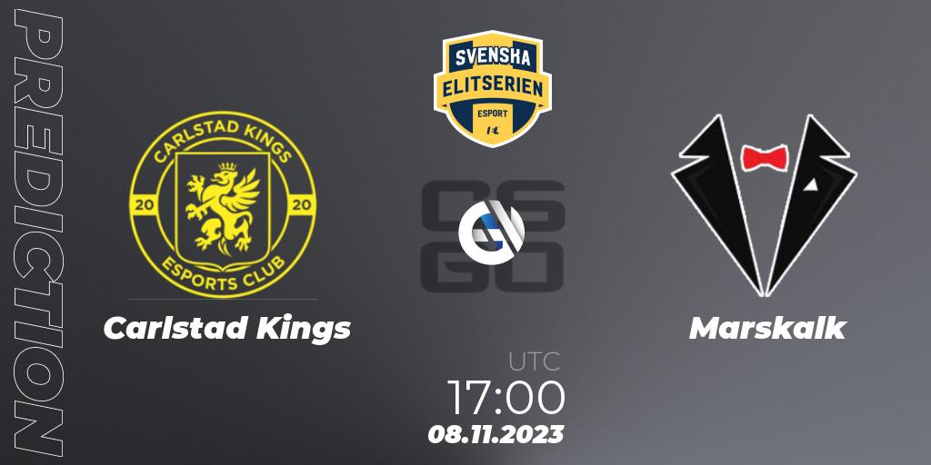 Carlstad Kings contre Marskalk : prédiction de match. 08.11.2023 at 17:00. Counter-Strike (CS2), Svenska Elitserien Fall 2023: Online Stage