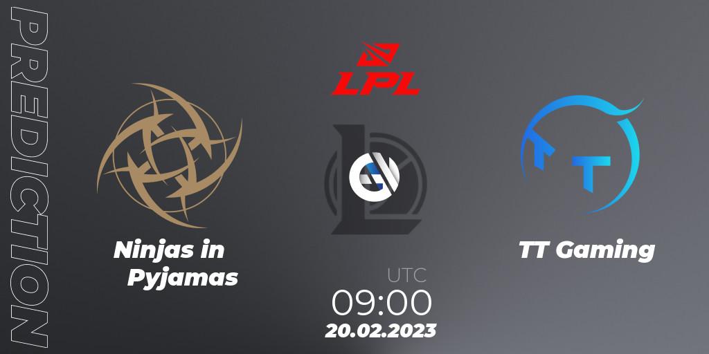 Ninjas in Pyjamas contre TT Gaming : prédiction de match. 20.02.2023 at 09:00. LoL, LPL Spring 2023 - Group Stage