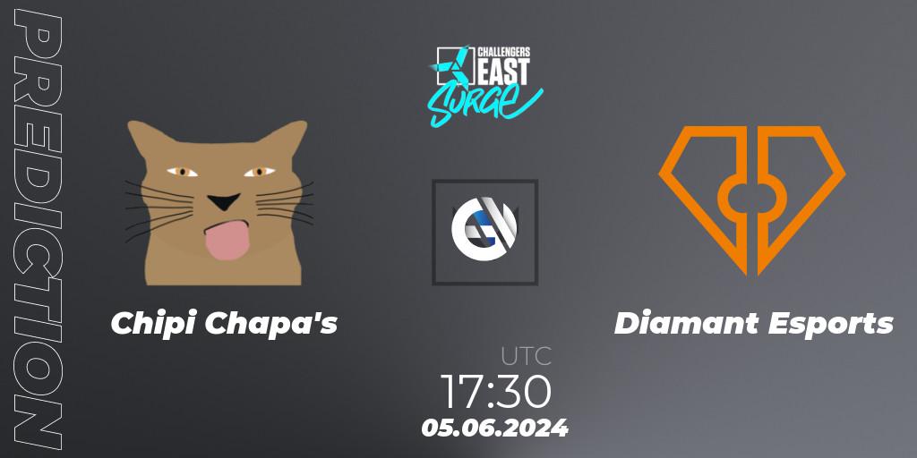 Chipi Chapa's contre Diamant Esports : prédiction de match. 05.06.2024 at 17:30. VALORANT, VALORANT Challengers 2024 East: Surge Split 2