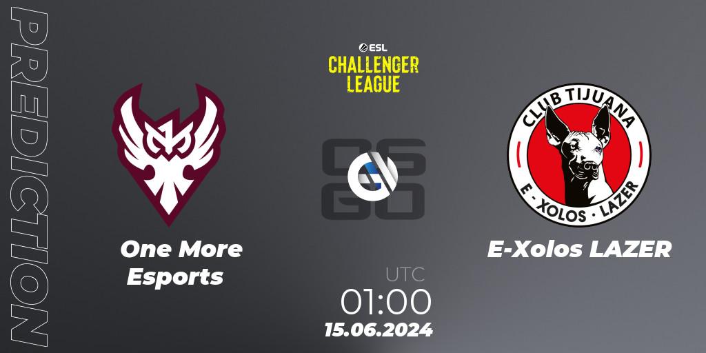 One More Esports contre E-Xolos LAZER : prédiction de match. 15.06.2024 at 01:00. Counter-Strike (CS2), ESL Challenger League Season 47 Relegation: North America
