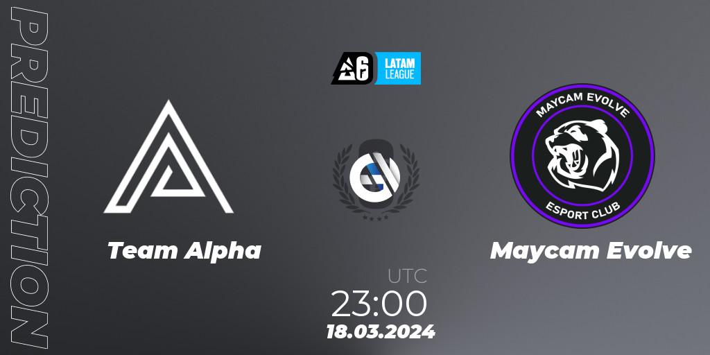 Team Alpha contre Maycam Evolve : prédiction de match. 18.03.2024 at 23:00. Rainbow Six, LATAM League 2024 - Stage 1: LATAM South