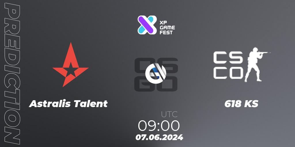 Astralis Talent contre 618 : prédiction de match. 07.06.2024 at 09:20. Counter-Strike (CS2), XP Game Fest 2024