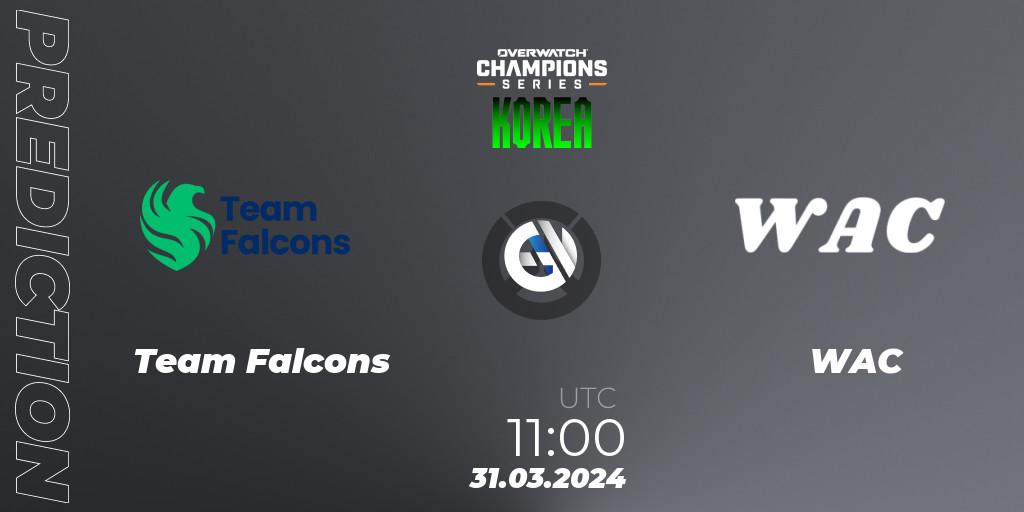 Team Falcons contre WAC : prédiction de match. 31.03.2024 at 11:00. Overwatch, Overwatch Champions Series 2024 - Stage 1 Korea