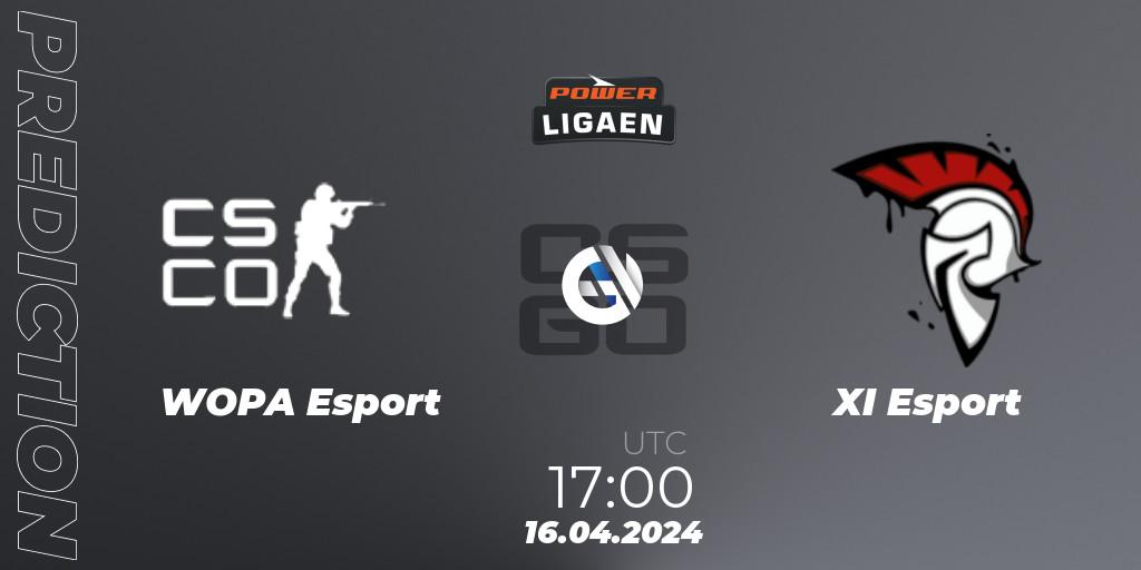 WOPA Esport contre XI Esport : prédiction de match. 16.04.2024 at 17:00. Counter-Strike (CS2), Dust2.dk Ligaen Season 26