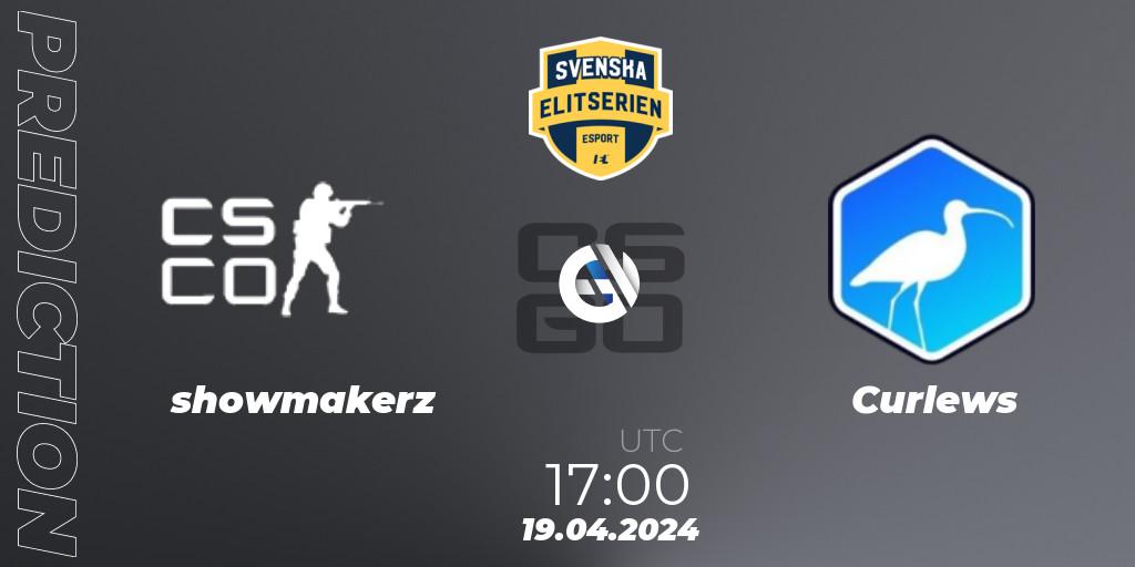 showmakerz contre Curlews : prédiction de match. 19.04.2024 at 17:10. Counter-Strike (CS2), Svenska Elitserien Spring 2024