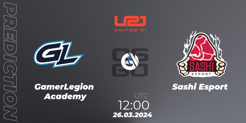 GamerLegion Academy contre Sashi Esport : prédiction de match. 26.03.2024 at 12:00. Counter-Strike (CS2), United21 Season 13