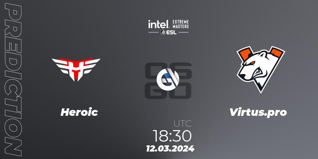 Heroic contre Virtus.pro : prédiction de match. 12.03.2024 at 18:30. Counter-Strike (CS2), Intel Extreme Masters Dallas 2024: European Closed Qualifier