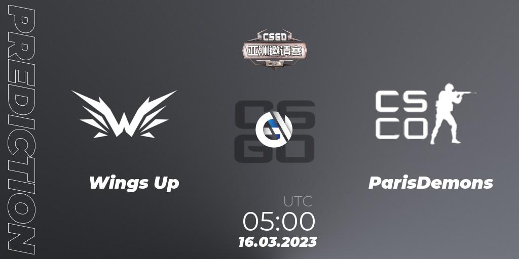 Wings Up contre ParisDemons : prédiction de match. 16.03.2023 at 05:00. Counter-Strike (CS2), Baidu Cup Invitational #2