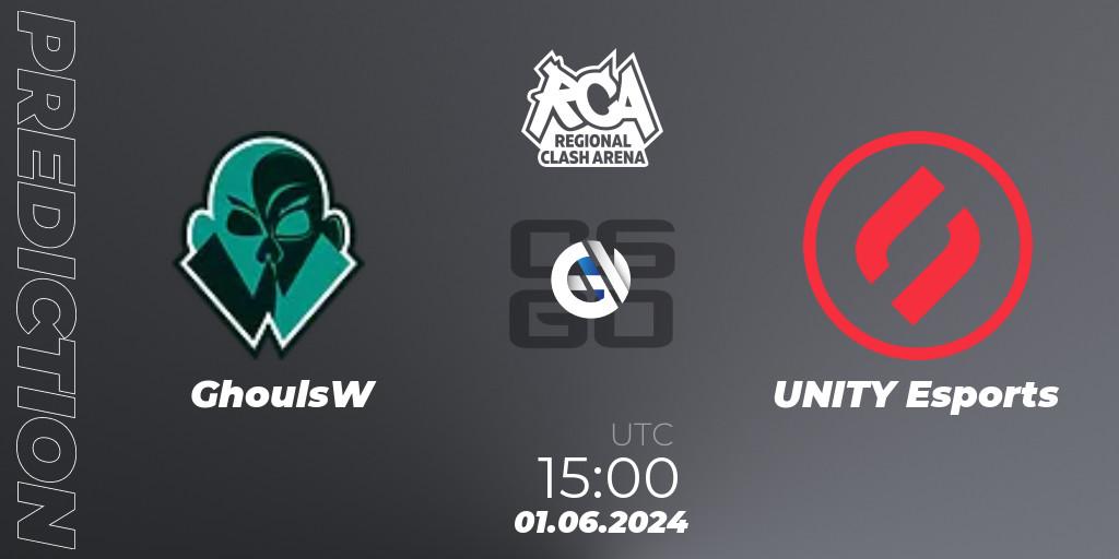 GhoulsW contre UNITY Esports : prédiction de match. 31.05.2024 at 19:00. Counter-Strike (CS2), Regional Clash Arena Europe: Closed Qualifier