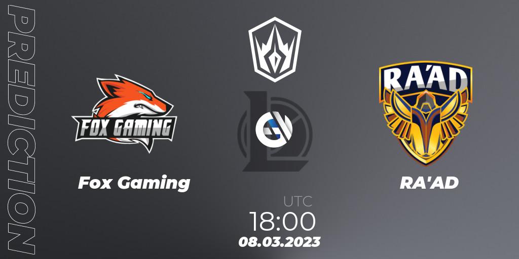 Fox Gaming contre RA'AD : prédiction de match. 08.03.2023 at 18:00. LoL, Arabian League Spring 2023