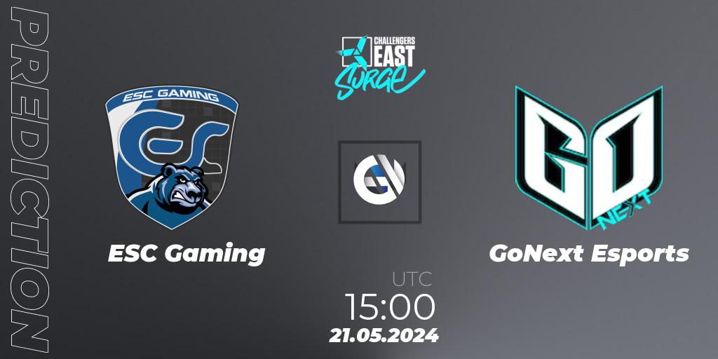 ESC Gaming contre GoNext Esports : prédiction de match. 21.05.2024 at 15:00. VALORANT, VALORANT Challengers 2024 East: Surge Split 2