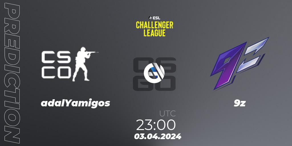 adalYamigos contre 9z : prédiction de match. 03.04.2024 at 23:00. Counter-Strike (CS2), ESL Challenger League Season 47: South America