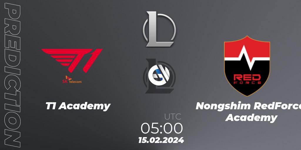 T1 Academy contre Nongshim RedForce Academy : prédiction de match. 15.02.2024 at 05:00. LoL, LCK Challengers League 2024 Spring - Group Stage