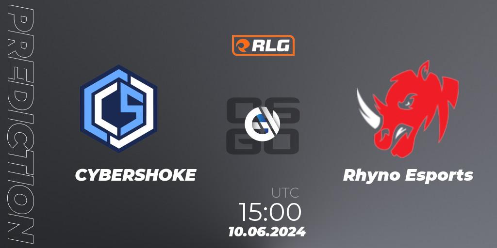 CYBERSHOKE contre Rhyno Esports : prédiction de match. 10.06.2024 at 15:00. Counter-Strike (CS2), RES European Series #5
