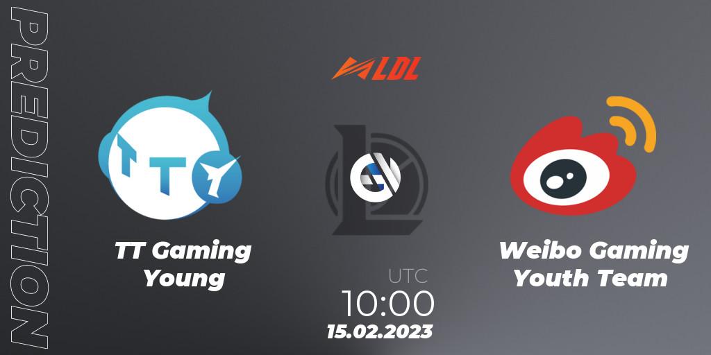 TT Gaming Young contre Weibo Gaming Youth Team : prédiction de match. 15.02.2023 at 12:30. LoL, LDL 2023 - Regular Season