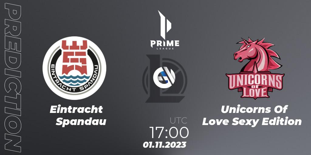 Eintracht Spandau contre Unicorns Of Love Sexy Edition : prédiction de match. 01.11.2023 at 17:00. LoL, Prime League Pokal 2023