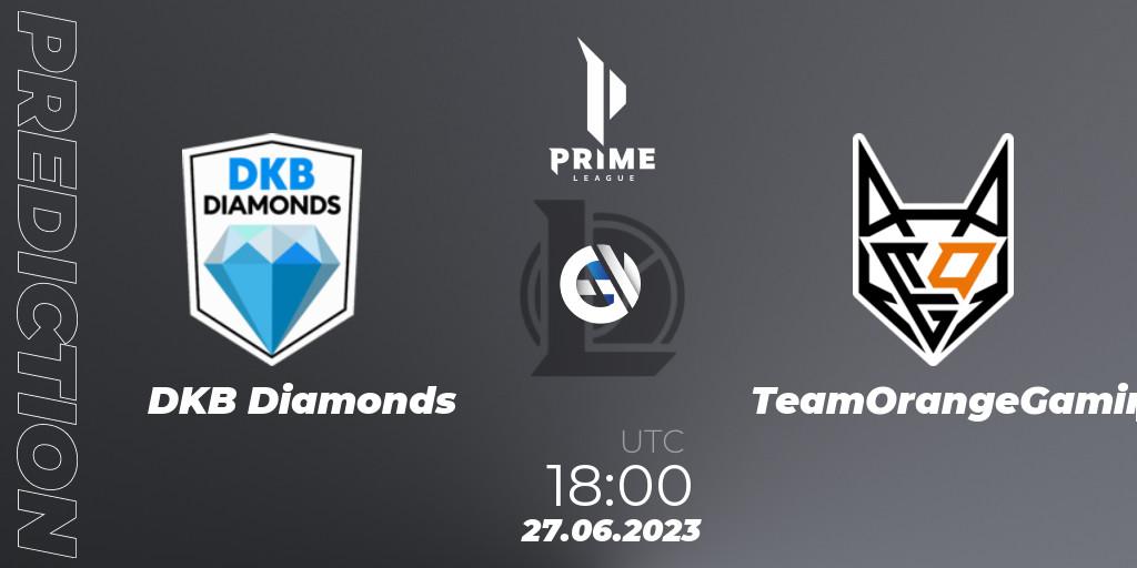 DKB Diamonds contre TeamOrangeGaming : prédiction de match. 27.06.2023 at 18:00. LoL, Prime League 2nd Division Summer 2023