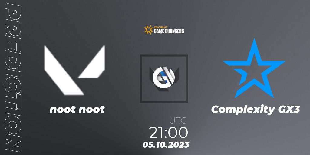 noot noot contre Complexity GX3 : prédiction de match. 05.10.2023 at 21:00. VALORANT, VCT 2023: Game Changers North America Series S3