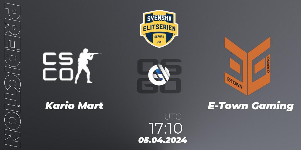 Kario Mart contre E-Town Gaming : prédiction de match. 05.04.2024 at 17:10. Counter-Strike (CS2), Svenska Elitserien Spring 2024