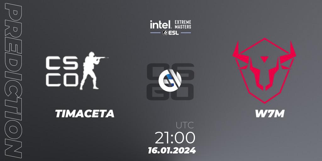 TIMACETA contre W7M : prédiction de match. 16.01.2024 at 21:10. Counter-Strike (CS2), Intel Extreme Masters China 2024: South American Open Qualifier #2