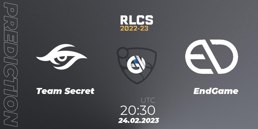 Team Secret contre EndGame : prédiction de match. 24.02.2023 at 20:30. Rocket League, RLCS 2022-23 - Winter: South America Regional 3 - Winter Invitational
