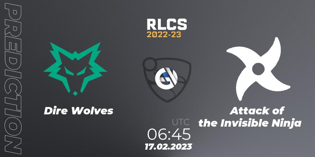 Dire Wolves contre Attack of the Invisible Ninja : prédiction de match. 17.02.2023 at 06:45. Rocket League, RLCS 2022-23 - Winter: Oceania Regional 2 - Winter Cup