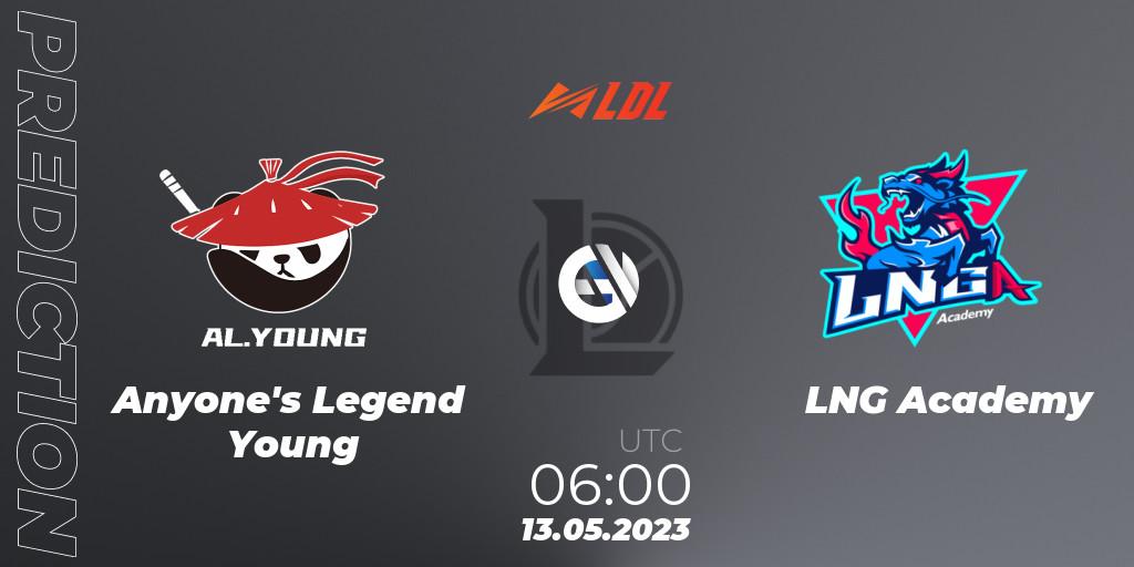 Anyone's Legend Young contre LNG Academy : prédiction de match. 13.05.2023 at 06:00. LoL, LDL 2023 - Regular Season - Stage 2