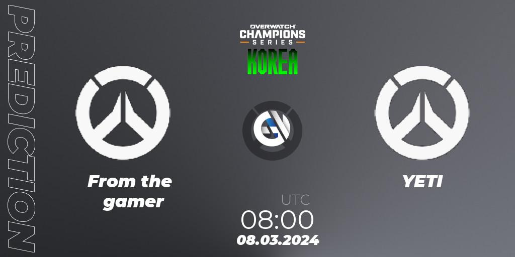 From The Gamer contre YETI : prédiction de match. 07.04.2024 at 08:00. Overwatch, Overwatch Champions Series 2024 - Stage 1 Korea