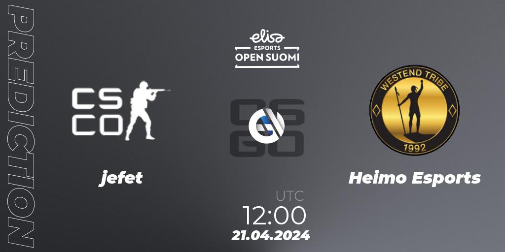 jefet contre Heimo Esports : prédiction de match. 21.04.2024 at 12:00. Counter-Strike (CS2), Elisa Open Suomi Season 6