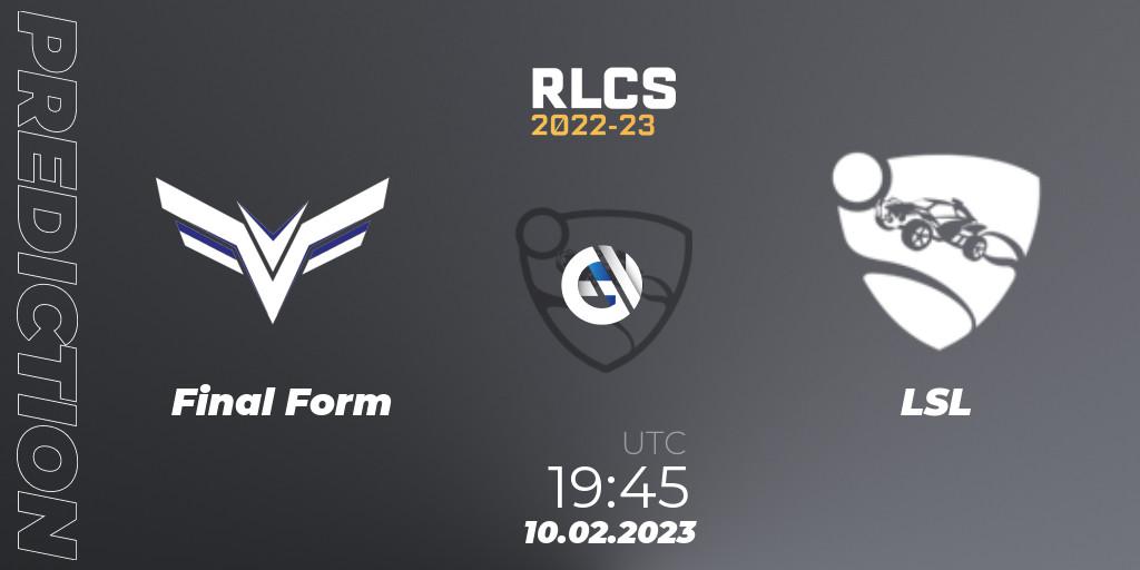 Final Form contre LSL : prédiction de match. 10.02.2023 at 19:45. Rocket League, RLCS 2022-23 - Winter: South America Regional 2 - Winter Cup