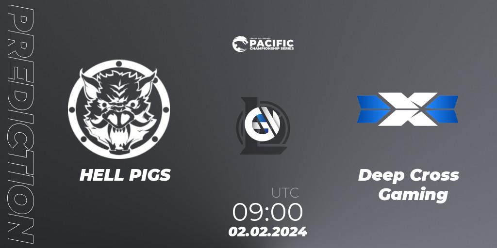 HELL PIGS contre Deep Cross Gaming : prédiction de match. 02.02.2024 at 09:00. LoL, PCS Spring 2024