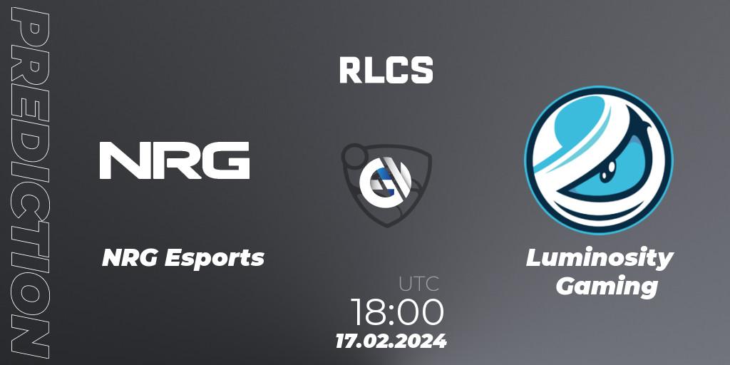 NRG Esports contre Luminosity Gaming : prédiction de match. 17.02.2024 at 18:00. Rocket League, RLCS 2024 - Major 1: North America Open Qualifier 2