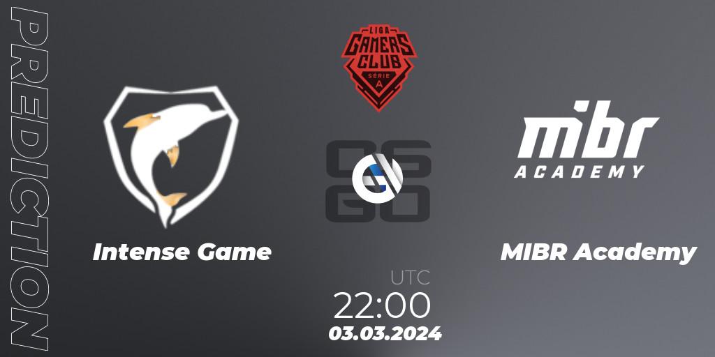 Intense Game contre MIBR Academy : prédiction de match. 03.03.2024 at 22:00. Counter-Strike (CS2), Gamers Club Liga Série A: February 2024