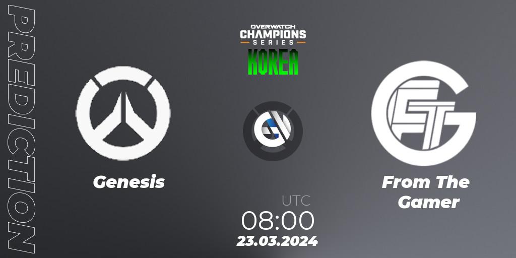 Genesis contre From The Gamer : prédiction de match. 23.03.2024 at 08:00. Overwatch, Overwatch Champions Series 2024 - Stage 1 Korea