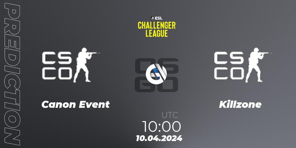 Canon Event contre Killzone : prédiction de match. 10.04.2024 at 09:40. Counter-Strike (CS2), ESL Challenger League Season 47: Oceania