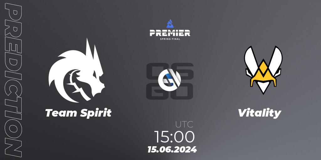 Team Spirit contre Vitality : prédiction de match. 15.06.2024 at 15:00. Counter-Strike (CS2), BLAST Premier Spring Final 2024