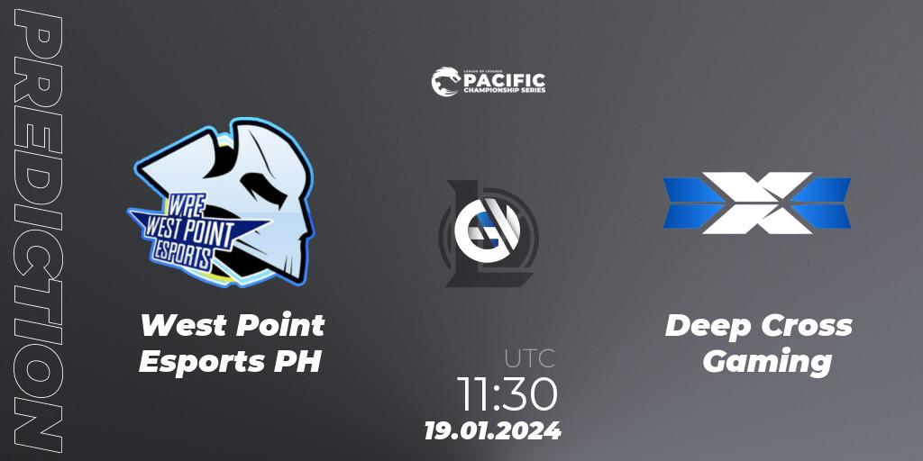 West Point Esports PH contre Deep Cross Gaming : prédiction de match. 19.01.2024 at 11:30. LoL, PCS Spring 2024