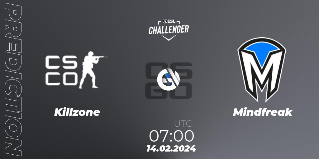 Killzone contre Mindfreak : prédiction de match. 14.02.2024 at 07:05. Counter-Strike (CS2), ESL Challenger #56: Oceanic Open Qualifier
