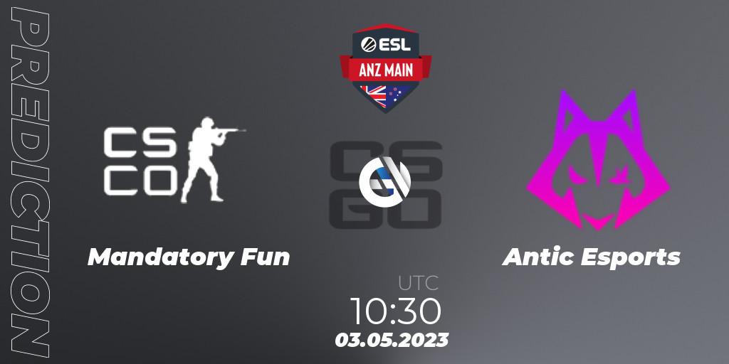 Mandatory Fun contre Antic Esports : prédiction de match. 03.05.2023 at 10:30. Counter-Strike (CS2), ESL ANZ Main Season 16
