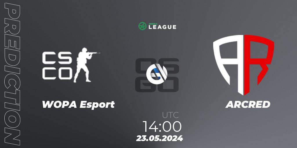 WOPA Esport contre ARCRED : prédiction de match. 23.05.2024 at 14:00. Counter-Strike (CS2), ESEA Season 49: Advanced Division - Europe