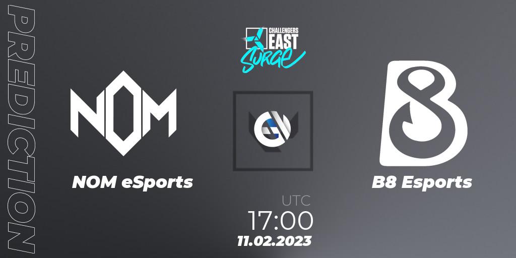 NOM eSports contre B8 Esports : prédiction de match. 11.02.2023 at 17:00. VALORANT, VALORANT Challengers 2023 East: Surge Split 1