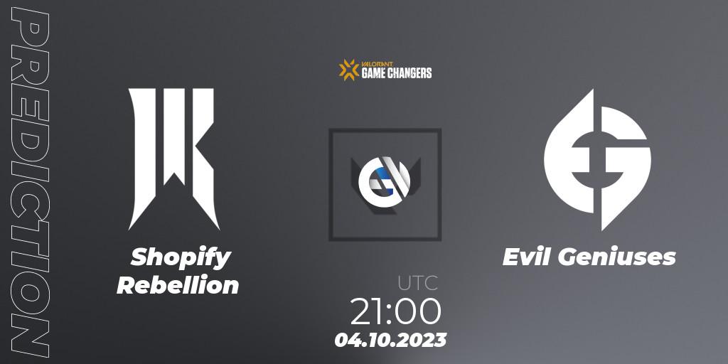 Shopify Rebellion contre Evil Geniuses : prédiction de match. 04.10.23. VALORANT, VCT 2023: Game Changers North America Series S3